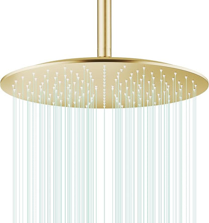 All Metal Rain Shower Head - Heavy Duty Stainless Steel, Easy Install, High Water Flow, Ultra-Thin Modern Design for Bathroom (F-Brushed Gold, 16)