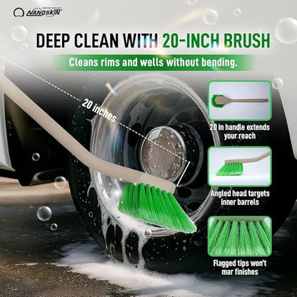 Nanoskin Professional 20-Inch Angled Tire & Wheel Cleaning Brush - Durable Green Polystyrene Bristles for Effective Auto Detailing, Gentle Car Wash Tool | Long-Handled Scrub Brush for Trucks and RVs