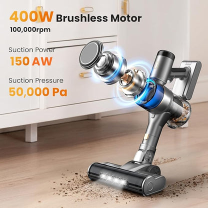 Dzaki S9X Vacuum Cleaners for Home,400W 50KPa Cordless Stick Vacuum Cleaner,Up to 55 Mins Runtime,Smart Induction Auto-Adjustment,Rechargeable Battery Vacuum Cordless for Carpet Floor Pet Hair(Gray)