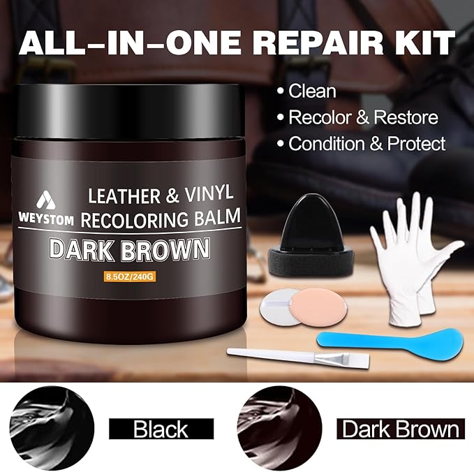 WEYSTOM Leather Recoloring Balm - Dark Brown Leather Repair Kit for Furniture, Dye, Recolor, Renew, Repair & Restore Aged, Faded, Cracked, Peeling and Scuffed