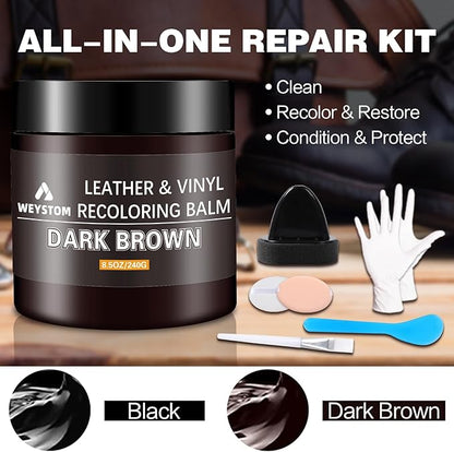 WEYSTOM Leather Recoloring Balm - Dark Brown Leather Repair Kit for Furniture, Dye, Recolor, Renew, Repair & Restore Aged, Faded, Cracked, Peeling and Scuffed