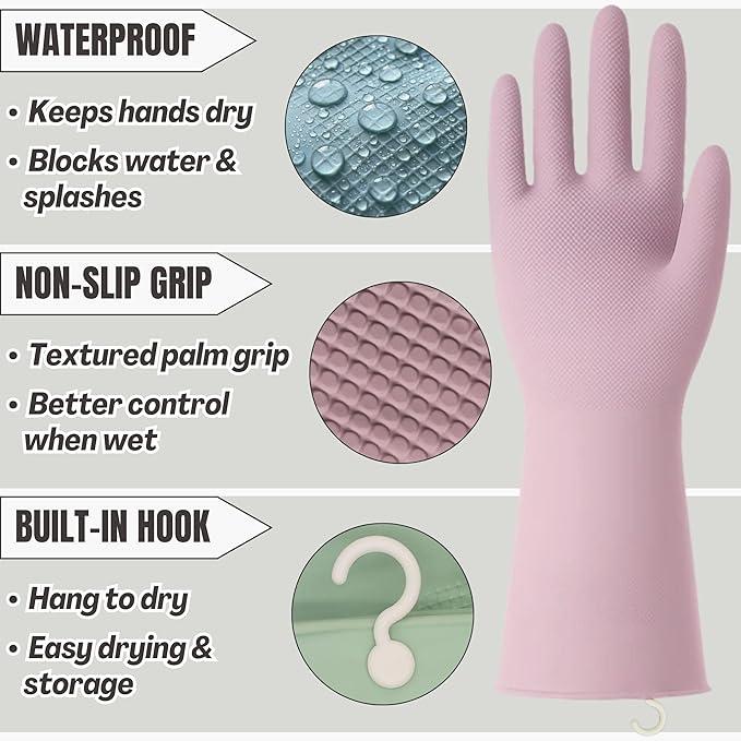 IMARU 3 Pairs Dishwashing Gloves with Hanging Hooks - NonSlip & Reusable Cleaning Gloves for Household, Kitchen, Gardening