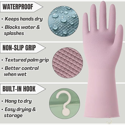 IMARU 3 Pairs Dishwashing Gloves with Hanging Hooks - NonSlip & Reusable Cleaning Gloves for Household, Kitchen, Gardening