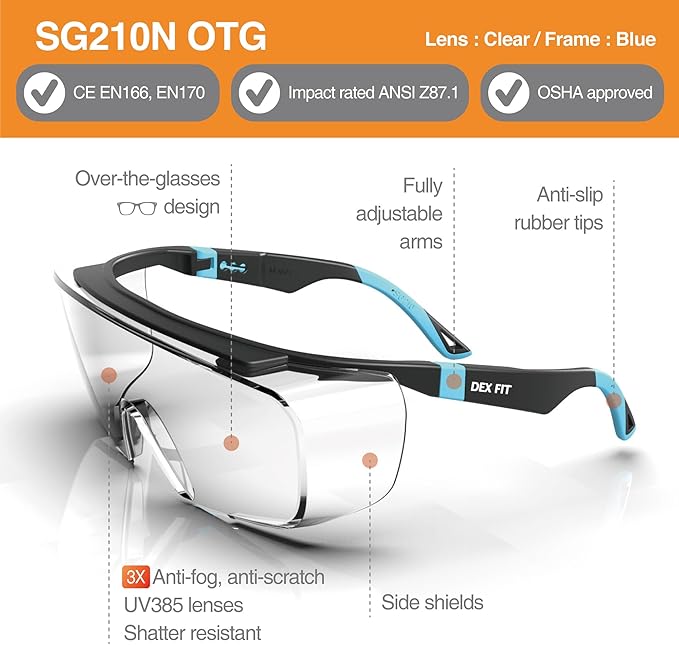DEX FIT Safety Over Glasses SG210 OTG; Fit Over Your Eyewear, Z87 Eye Protection, 3X Fog & Scratch Resistant (N Blue)