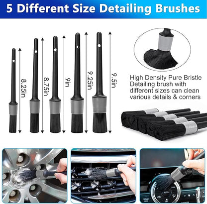 THINKWORK Car Wash Kit, Car Washing Brush with Long Handle, Extendable Car Wash Brush Mop with 2-in-1 Windshield Squeegee and 9Pcs Detailing Brushes, Gray Car Detailing Kit Gift for Men