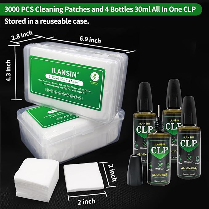 ILANSIN 3000/1500PCS Gun Cleaning Patches+CLP Oil,2"x2" Lint Free Gun Cleaning Cloth,Professional Wipes for Shot Pistol/All Caliber of Firearms.Store in Box Can Store Gun Cleaning Kit,Choose Your Set