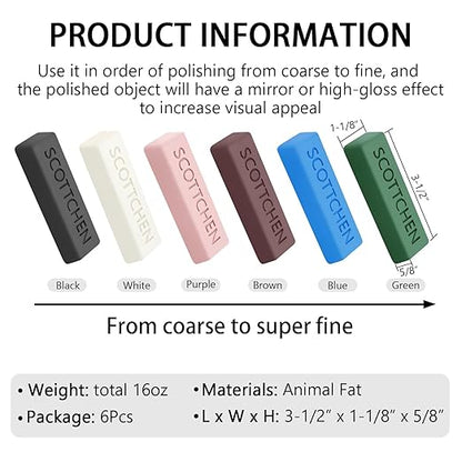 SCOTTCHEN Buffing Polishing Cutting Compounds 16 Oz.Kit-for Stainless Steel Aluminum Jewelry,Black White Purple Brown Blue Green,from Course to Fine - 6 Pcs