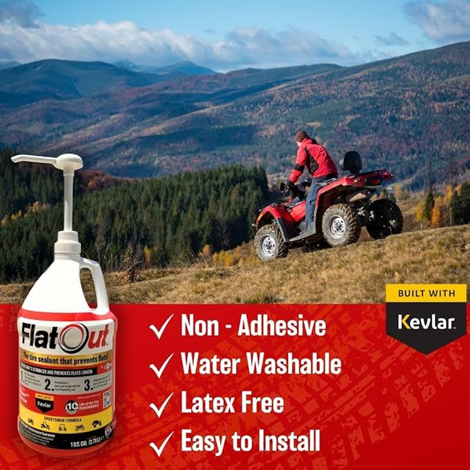 Flat Out Tire Sealant Sportsman Formula - Prevent Flat Tires - Seal Leaks - Sportsman Formula with Valve Core Tool - Contains Kevlar - Tubeless Tire Sealant - Fast-Acting Formula - 1 Gallon