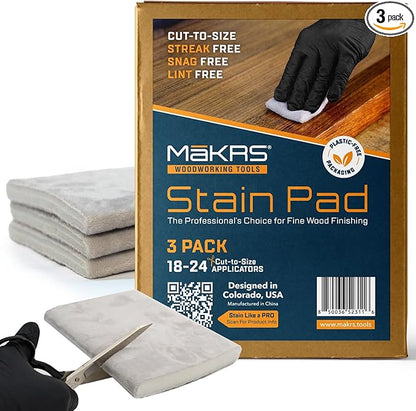 MāKRS Stain Pad, Cut-to-Size Staining Pads, 3-Pack, Lint, Snag, Streak-Free Applicator, Micro Brush Material, Wood Stains and Oil Based Finishes, Easy to Use with Consistent Application