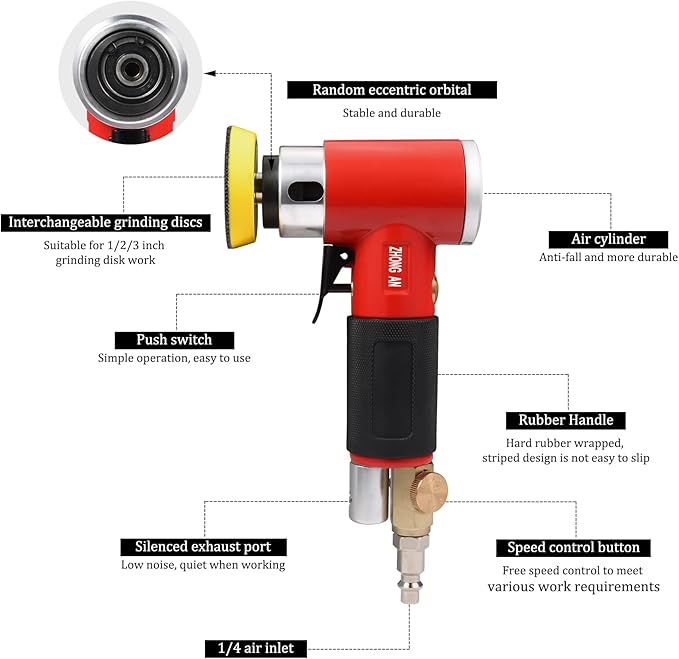 ZHONG AN 2 3-inch Mini Orbital Sander da sander Air Dual Action Sander Air Polisher Super Smooth and Swirl Freely High Speed for Auto Body Work with 20 PCS Sanding Discs (RED)