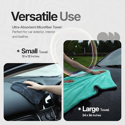 Crystal Clean 1300GSM Microfiber Towels for Cars – XL Drying Towel with Double Twisted Loop, Professional Detailing Towel Car Detailers - Quick Dry, Paint Safe & Swirl-Free (Grey+Green)