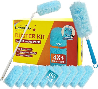 60PCS Fluffy 360° Heavy Duty Duster Refills fits Swiffer Duster, 4X Dust Capture Power, Unscented Disposable Electrostatic Dusters with 3ft Extended Handle for Furniture, Electronics, Blinds