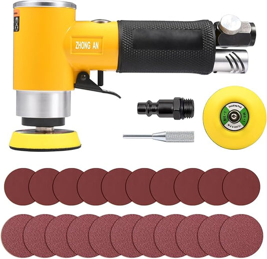ZHONG AN 2/3 inch Mini Orbital Sander Pneumatic Palm da sander Air Polisher Super Smooth and Swirl Freely for Auto Body Work Wood working with 20 PCS Sanding Discs,Yellow