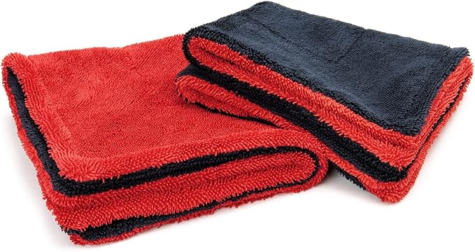Autofiber Dreadnought Max Triple Layer Microfiber Car Drying Towel, Twist Pile, 1400GSM - Pack of 1 (16 inch x 16 inch) Red/Black