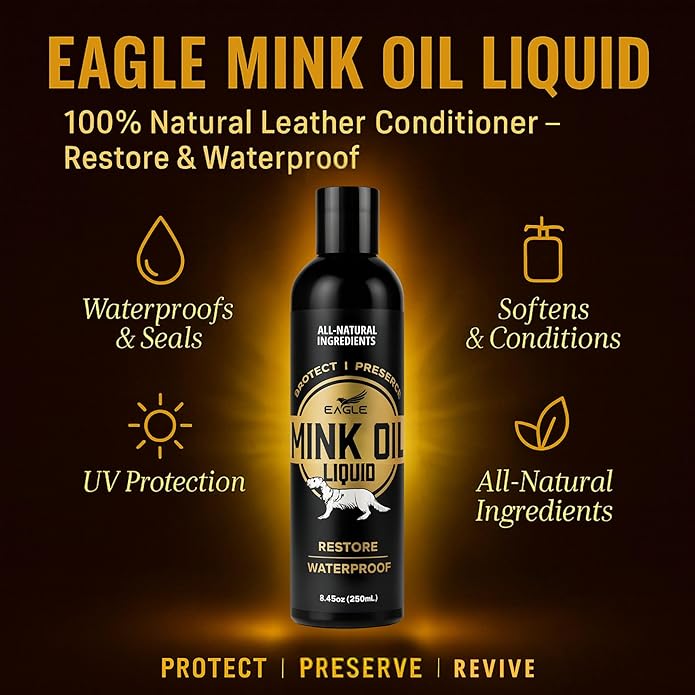 Eagle Mink Oil Liquid Leather Conditioner 8oz with Cloth – Softens, Waterproofs & Preserves Boots, Shoes, Bags, Jackets & Furniture – Natural Leather & Vinyl Conditioner for Long-Lasting Protection