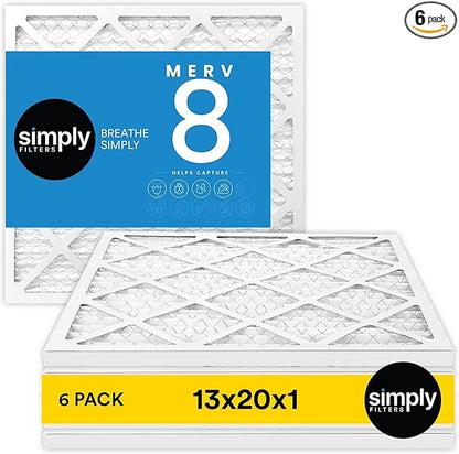 Simply 13x20x1 Air Filter, Merv 8, 6 Pack, For Home AC Furnace & HVAC (Actual Size: 12.75"x19.75"x0.75") DUST, Pet, & Allergy Control