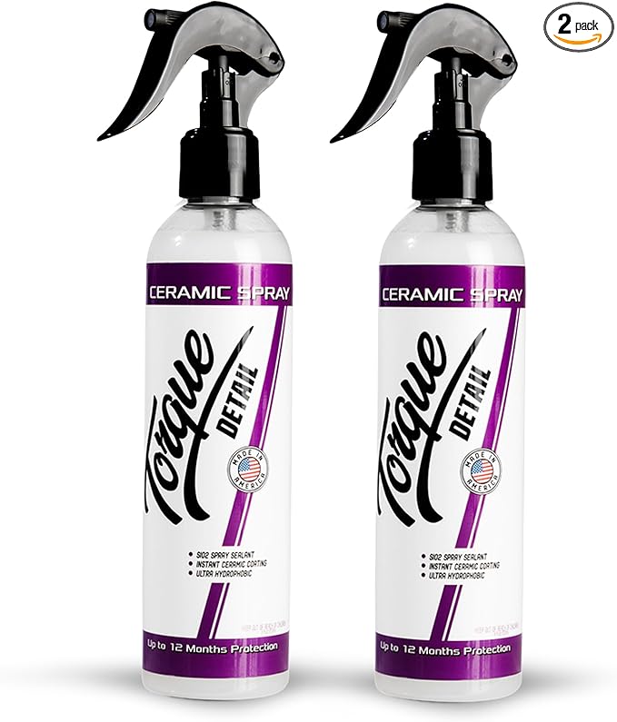 Torque Detail Ceramic Spray - Easy to Apply, Ceramic Coating Spray - Proprietary Silica Formula (Nano SiO2) Seals & Shields Car’s Clear Coat - Hydrophobic Protection & High-Gloss Shine (2-Pack 8 oz)