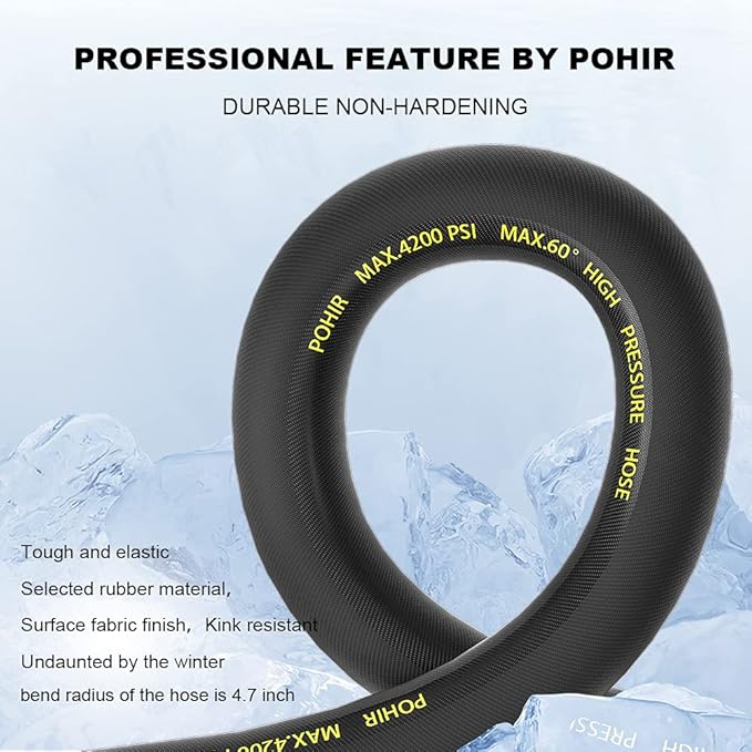 POHIR Pressure Washer Hose 70ft with 3/8" Quick Connector, High Tensile Wire Braided Kink Resistant 1/4 Inch Power Washer Hose 4200 PSI, 2pcs M22 14mm to 3/8" Adapter Set, Multi-Scene Use