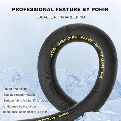 POHIR Pressure Washer Hose 150 FT with 3/8'' Quick Connect, High Tensile Wire Braided Power Washer Hose with 2 Quick Connect Kits, Compatible M22 14mm, Hose for Pressure Washer, 4200 PSI