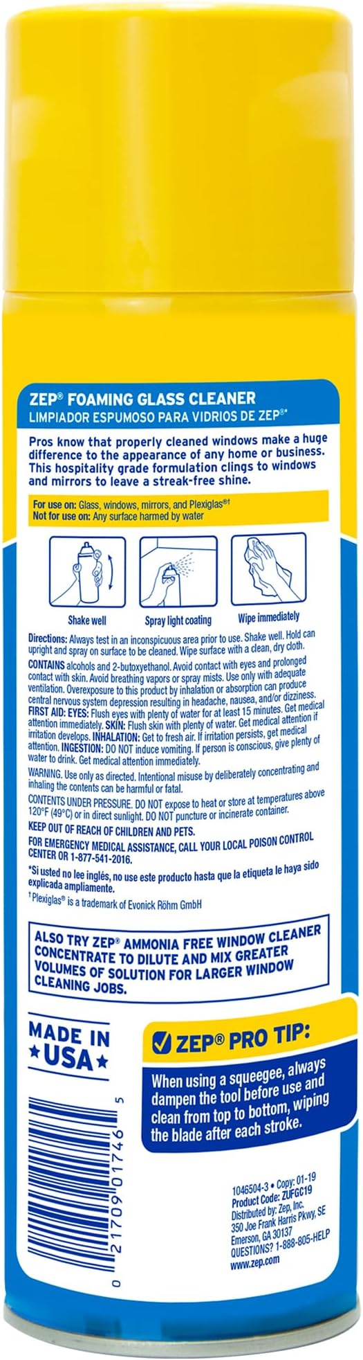 Zep Foaming Glass and Plexiglass Cleaner - 19 oz (Case of 4) ZUFGC19 - Foaming Formula Clings to Vertical Surfaces. Trusted by Pros