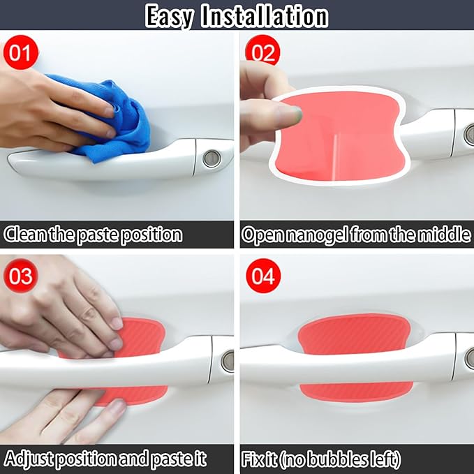 WORCAS 4Pcs Universal 3D Carbon Fiber Car Door Handle Paint Scratch Protector Sticker Auto Door Handle Cups Protective Pad(L-Red)