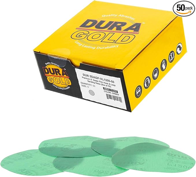 Dura-Gold Premium 5" Green Film Sanding Discs - 1200 Grit (Box of 50) - Hook & Loop Backing Sandpaper Discs for DA Sanders, Finishing Cut Abrasive, Sand Automotive Paint Car Detailing Woodworking Wood