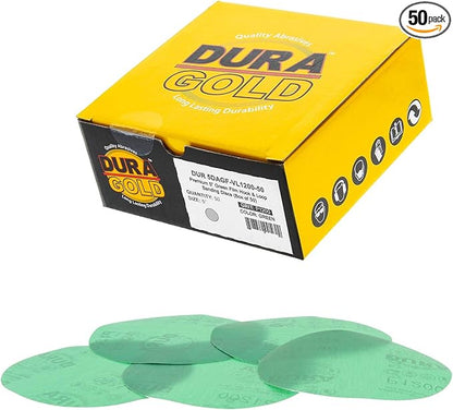 Dura-Gold Premium 5" Green Film Sanding Discs - 1200 Grit (Box of 50) - Hook & Loop Backing Sandpaper Discs for DA Sanders, Finishing Cut Abrasive, Sand Automotive Paint Car Detailing Woodworking Wood