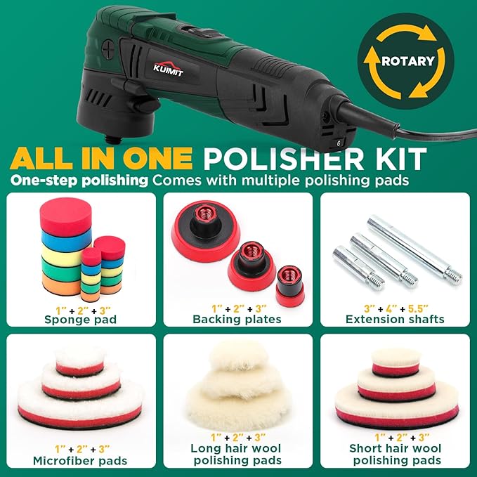 KUIMIT 1"/2"/3" Buffer Rotary Polisher Kit | 780W High-Power Mini Polishing Machine w/ 27-Piece Accessories | M5/8-11 Thread 75mm/100mm/140mm Extension Shafts | for Car, Boat & Metal Detailing