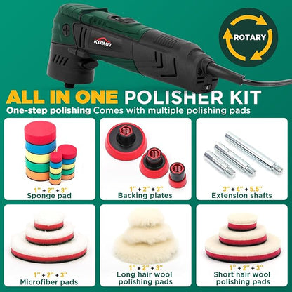 KUIMIT 1"/2"/3" Buffer Rotary Polisher Kit | 780W High-Power Mini Polishing Machine w/ 27-Piece Accessories | M5/8-11 Thread 75mm/100mm/140mm Extension Shafts | for Car, Boat & Metal Detailing