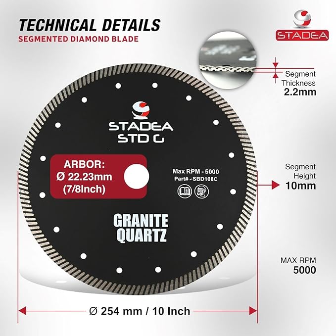 Stadea SBD108C Diamond Saw Blade 10-Inch Continuous Turbo Dry Cutting - Cuts Granite Quartz Quartzite, Fits Grinder, Saw Cutter, 10 MM Segments - Pack of 1