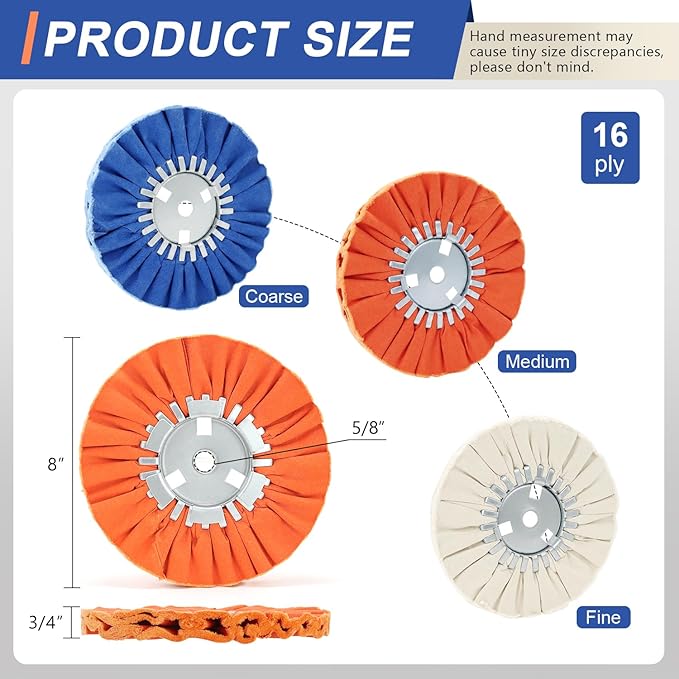 QZATTCAEN Airway Buffing Wheel Kit 8in Extra Thick 16Ply, 5/8in Arbor Hole Aluminum Wheel Polishing kit 3pcs (1* Coarse & 1*Medium & 1*Fine) for Angle Grinder Metal Automotive Body Rim Polishing