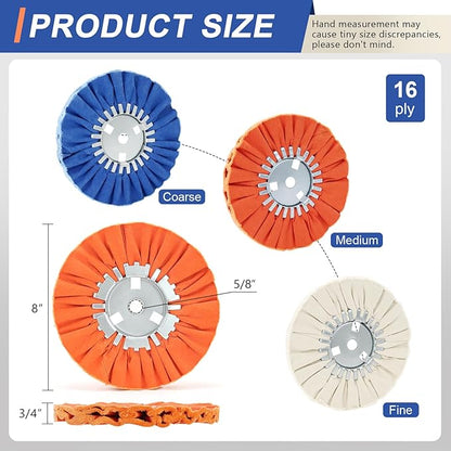 QZATTCAEN Airway Buffing Wheel Kit 8in Extra Thick 16Ply, 5/8in Arbor Hole Aluminum Wheel Polishing kit 3pcs (1* Coarse & 1*Medium & 1*Fine) for Angle Grinder Metal Automotive Body Rim Polishing