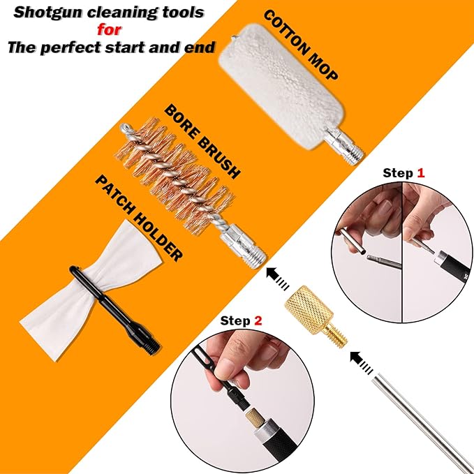 Shotgun Cleaning Kit for 12, 20, 410 Gauge - Compact Portable Case with Bronze and Spring Brushes, Brass Adaptor, Cotton Mop, Cleaning Pick, Patch Holder, Patches, Hand Brush, Empty Oil Bottle