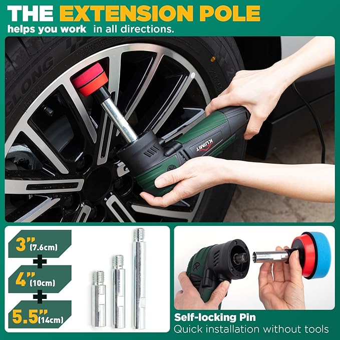 KUIMIT 1"/2"/3" Buffer Rotary Polisher Kit | 780W High-Power Mini Polishing Machine w/ 27-Piece Accessories | M5/8-11 Thread 75mm/100mm/140mm Extension Shafts | for Car, Boat & Metal Detailing