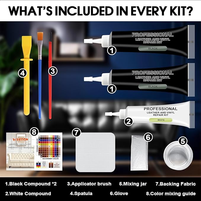 Black Leather & Vinyl Repair Kit for Furniture, Car Seats, Couch, Purse - Fix Scratches, Tears, Fading on Genuine, Faux, Artificial Leather - Super Easy Instructions with Color Mixing Guide