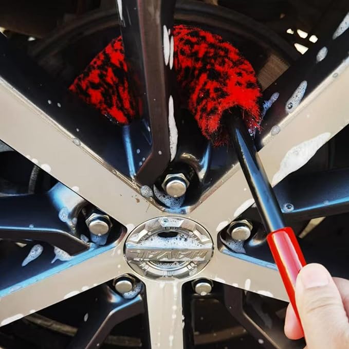DEKADONS 4PCS Wheel Brush Kit for Cleaning Wheel and Tire, Wheel and Rim Brush, Car Detailing Brushes, 360 Degree Bendable & Durable Car Wheel Rim Cleaner Brush Set (Red&Grey)