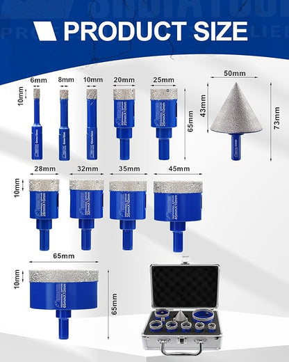 SHDIATOOL Diamond Drill Core Bits Set for Porcelain,Triangle Shank Hole Saw Cutter for Tile Marble Ceramic Granite 11pieces(6/8/10/20/25/28/32/35/45/65MM/2 inch)