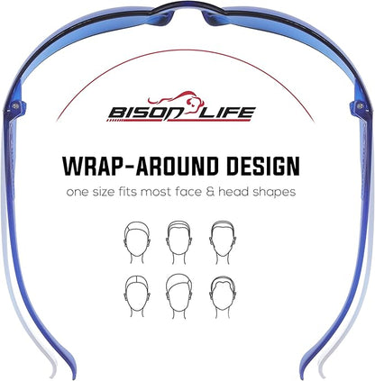 BISON LIFE Safety Glasses - Scratch Resistant Wrap Around Eyewear, Polycarbonate ANSI Z87.1 Impact Resistant Lens