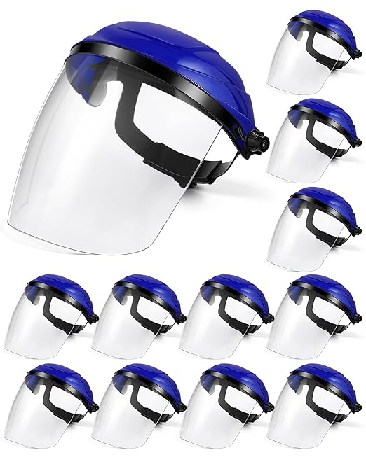 Tellegloww 12 Pack Safety Face Shield for Grinding and Cutting, Full Impact Resistant Face Shield Mask for Work Chemical Woodworking (Blue)