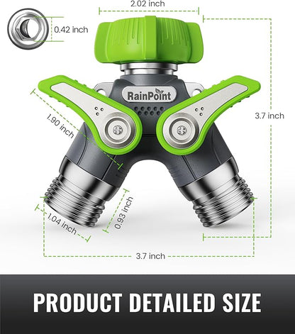 RAINPOINT Garden Hose Splitter, 2 Way Heavy Duty Water Hose Y Spigot Splitter with Shutoff Valves, 100% Metal Body Outdoor Faucet Splitter, 1.9" Extra Long Metal Handle, 3/4" GHT Thread (1, Green)