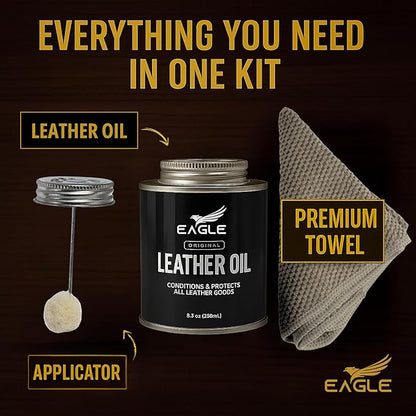 Leather Oil Conditioner with Applicator & Cloth – All-Natural Deep Conditioning Oil for Saddles, Furniture, Bags, Belts & Leather Gear – 8.45oz Restorative Oil for Dry, Cracked Leather