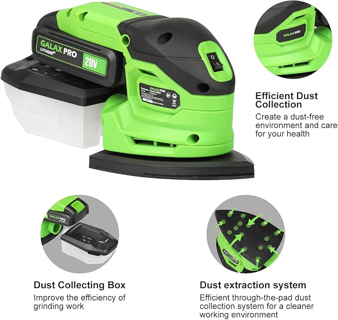 GALAX PRO Cordless Sander,2.0A Battery,12000 RPM Powerful Speed Detail Sanders with 20Pcs Sandpapers, Electric Mouse Sander for Tight Spaces Sanding in Home Decoration with Dust Box