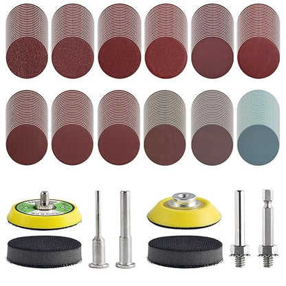 WCIC 244Pack 2inch Sanding Discs Pad with 2Pcs Soft Foam Buffering Blocks Variety Kit, Hook and Loop Sandpaper P80 to 3000 Grits with Dual Shank, for Woodworking Drill Metal Polishing