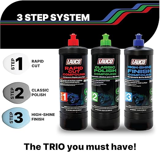 LAUCO Step 2 Fine Polish Compound, Professional Swirl Mark & Scratch Remover for Automotive Paint, Silicone-Free, Clear Coat Safe Polishing Compound for High-Gloss Finish, Body Shop & Detailer Grade