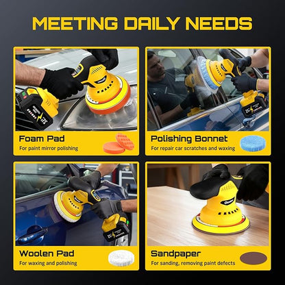 Cordless Car Buffer Polisher, 6 Inch DA Orbital Polisher kit with 2x 3.0Ah 21V Batteries, 5500 Max OPM & 8 Variable Speeds for Car Detailing, Waxing, Polishing, Scratch Removal, with 25PCS Attachments