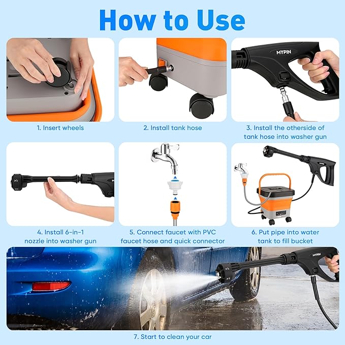 660PSI Portable Cordless Pressure Washer with Folding 3.4Gal Tank, 6-in-1 Nozzle, 7 Adjustable Pressure Levels, 7M Hose, Portable Sprayer with Wheels for Car Floor Wall Fence Cleaning (Orange)