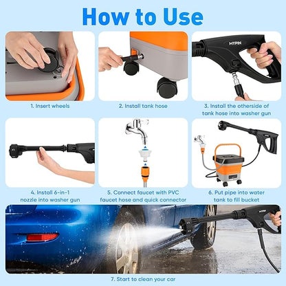 660PSI Portable Cordless Pressure Washer with Folding 3.4Gal Tank, 6-in-1 Nozzle, 7 Adjustable Pressure Levels, 7M Hose, Portable Sprayer with Wheels for Car Floor Wall Fence Cleaning (Orange)