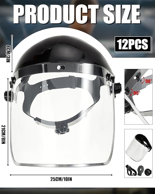 Copkim 12 Pack Safety Face Mask Shield for Grinding Clear Full Face Impact Resistant Safety PET Full Impact Resistant Mask Shield for Work Construction Cutting (Clear PET,Black)