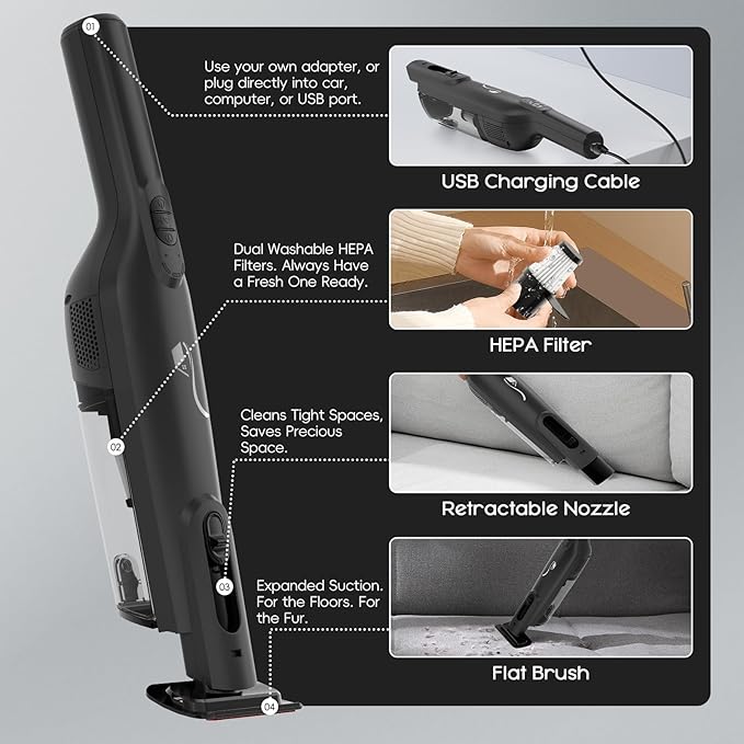 AYONTIN Cordless Handheld Vacuum, Lightweight Portable Hand Vacuum Cleaner with LED Light,Rechargeable Hand Held Vacuum with One-Touch Empty, Powerful Suction for Office, Home,Car,Inky