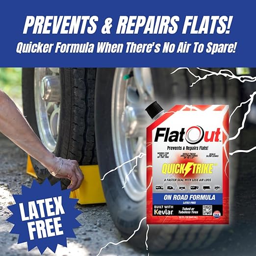 FlatOut QuickStrike Tire Sealant On-Road Formula - Prevent Flat Tires - Seal Leaks - Contains Kevlar - Tubeless Tire Sealant - Fast-Acting Formula - 32 Ounce Bag - Pack of 4